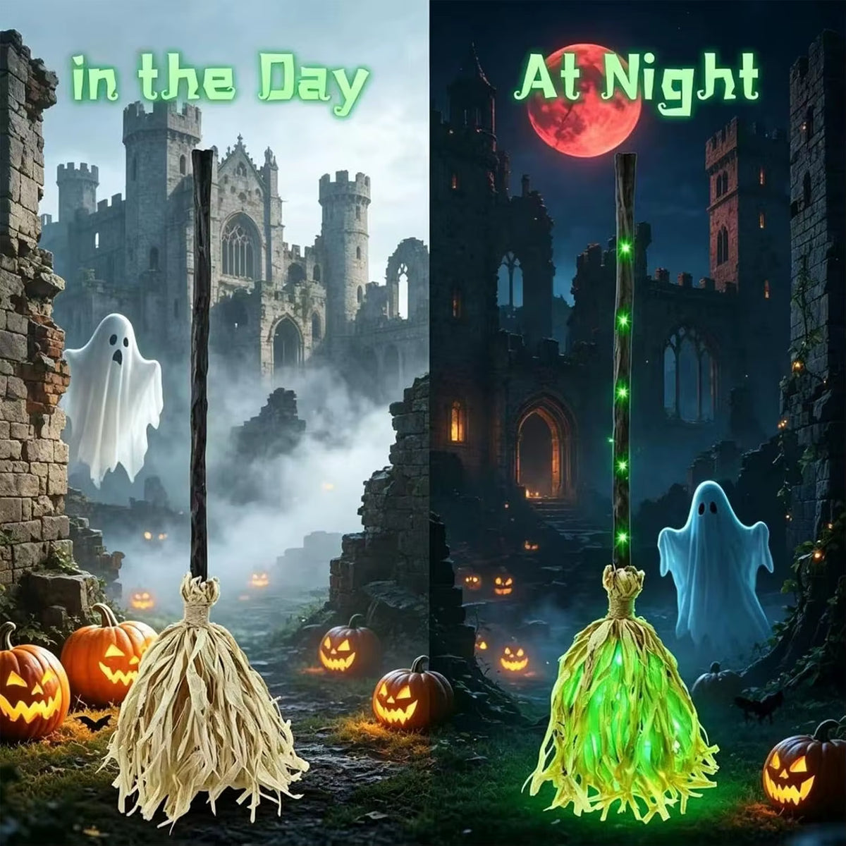 Halloween Glowing Magic Broom with Sound Effects Automatic Jumping Witch Broom Haunted House Secret Room Party Decoration