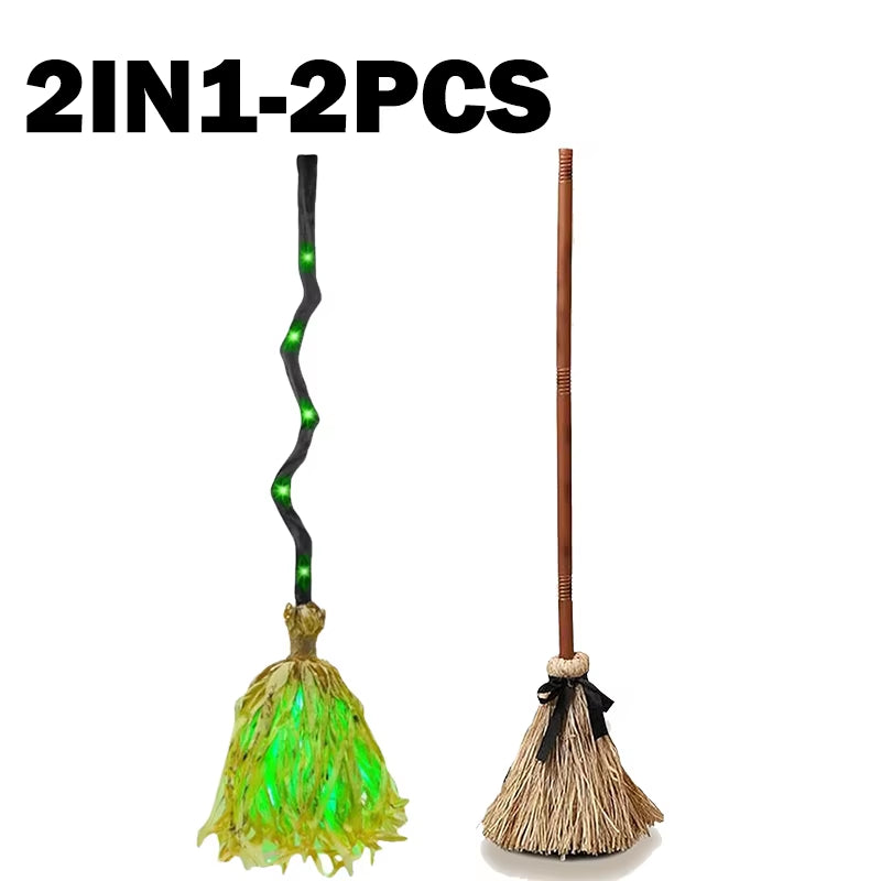 Halloween Glowing Magic Broom with Sound Effects Automatic Jumping Witch Broom Haunted House Secret Room Party Decoration
