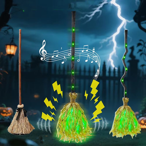 Halloween Glowing Magic Broom with Sound Effects Automatic Jumping Witch Broom Haunted House Secret Room Party Decoration